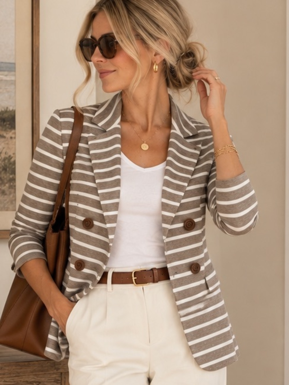 Bailey 44 Striped Knit Blazer Small Taupe Cream Double Breasted USA
